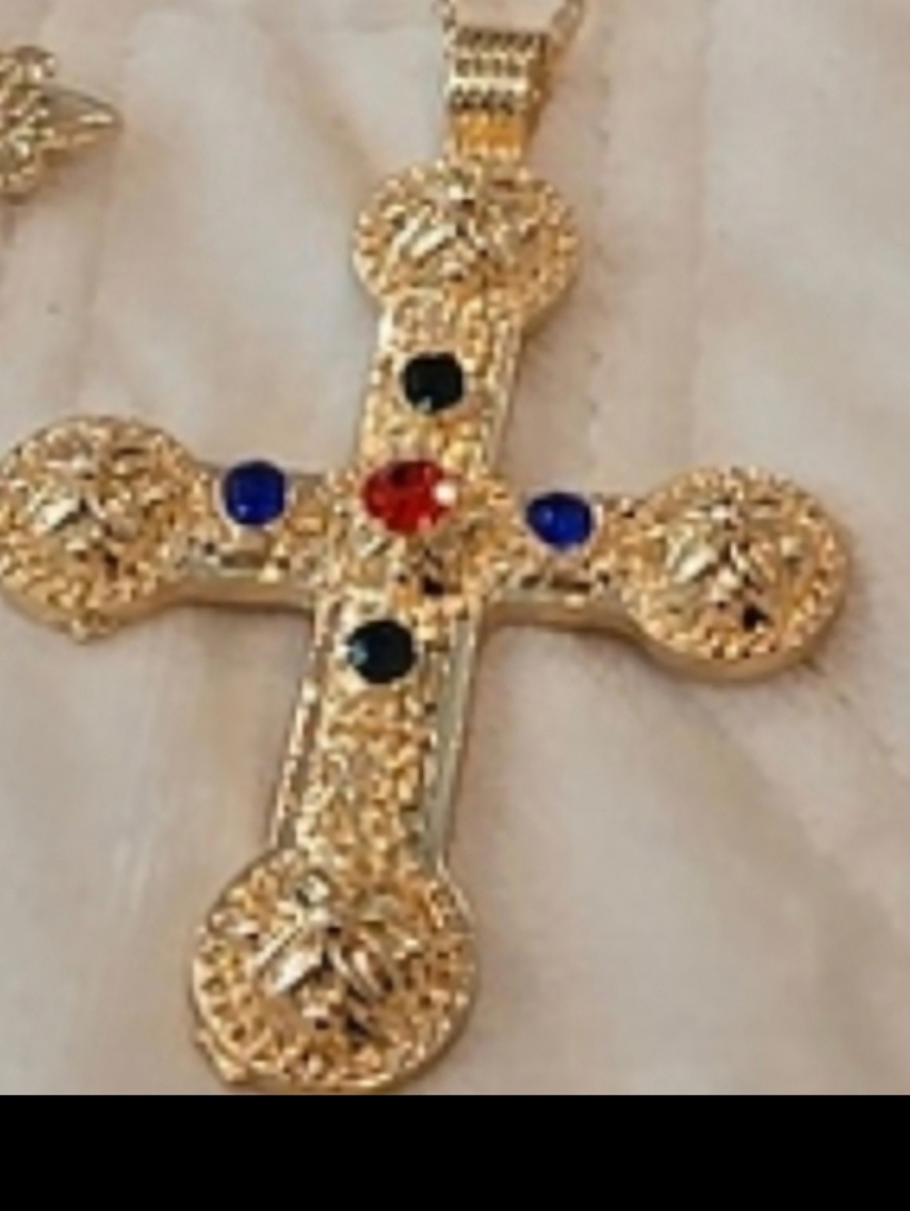 Gold Cross Long Pendant . Vintage With Jewel Stones In Center.